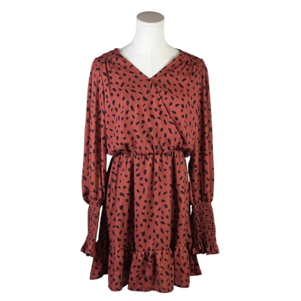 Peach Love CA Rust Animal Print Ruffle Mini Dress Long Sleeve Size M USA